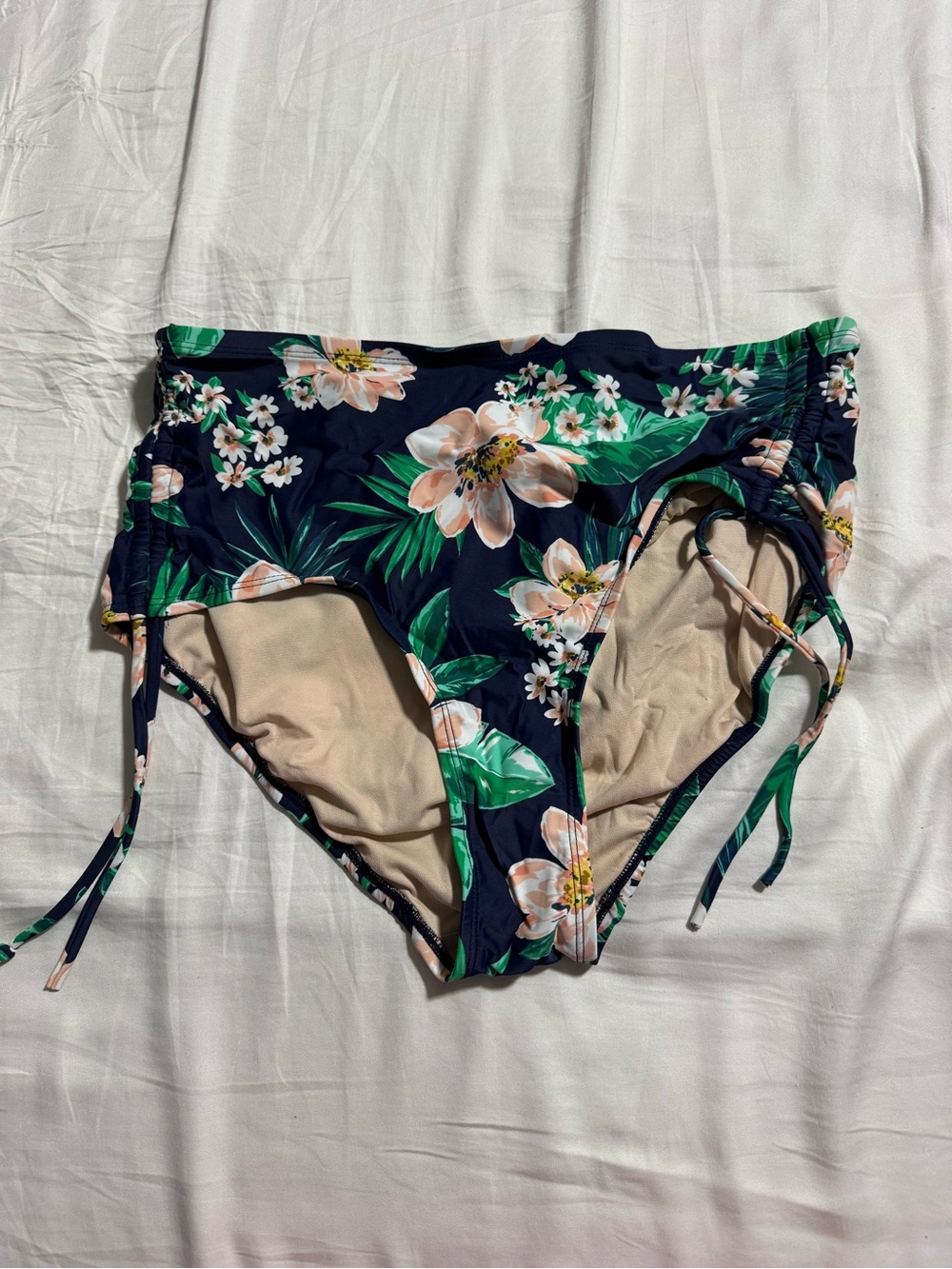 Floral High-Waist Swim Bottoms in Navy and Green